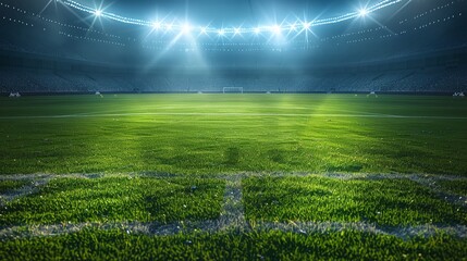 soccer stadium arena with a spotlight on the green grass field, prepared for a competitive...