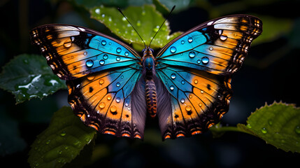 Exceptional BZ Macro-Photography: A Vivid, Colorful Butterfly Resting on a Dewy Leaf