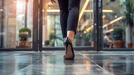 Fotobehang A poised businesswoman strides confidently in black shoes, symbolizing professionalism and power © pvl0707