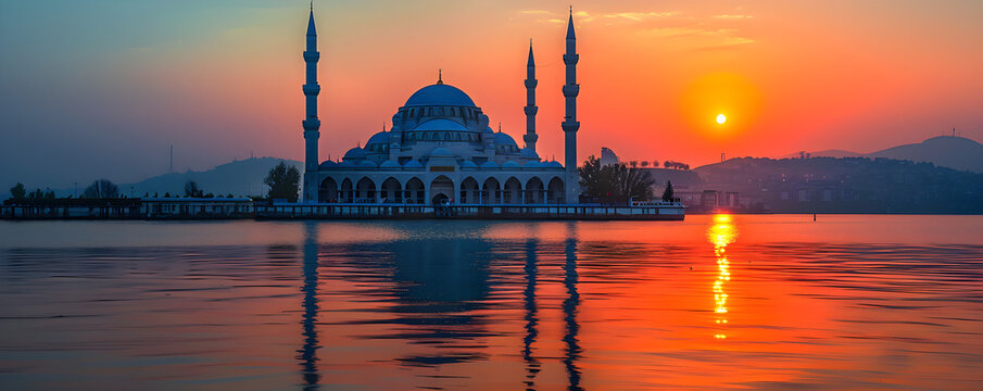 A beautiful mosque glowing in the warm light of sunset, creating a serene and peaceful atmosphere.