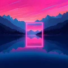 Washable wall murals Pink A Neon Pink Square Frame Illuminates a Serene Lake, with Purple Mountains in the Background. The Scene is Enveloped by the Soft Glow of Fireflies.