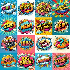 Sale stickers pop art style. AI generated illustration