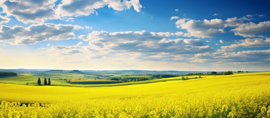 A picturesque landscape featuring a field of vibrant yellow flowers under a clear blue sky, creating a stunning contrast of colors in the natural meadow