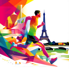 Olympic Games in Paris. An athlete runs through the city on an abstract background with the Eiffel Tower. Space for copying. - 767299159