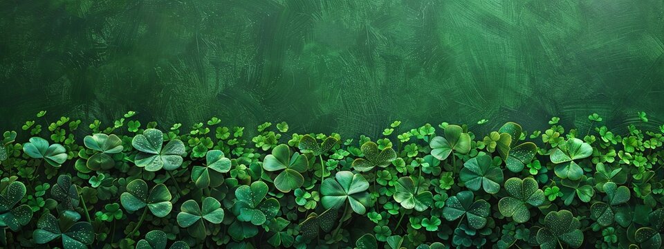 festive green background featuring three-leaved shamrocks and a lucky Irish four-leaf clover, perfect for St. Patrick's Day holiday symbols and decorations