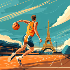 Olympic Games in Paris. A basketball player trains in front of the Eiffel Tower. Illustration with copy space. - 767299359