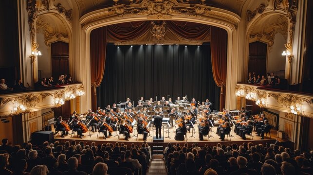 An elegant classical music concert, orchestra in full performance, audience captivated, in a grand historic theater. Resplendent.