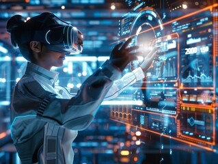A woman wearing a white lab coat is using a virtual reality headset to interact with a computer screen. Concept of futuristic technology and the potential for immersive experiences in the future