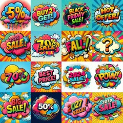 Sale stickers pop art style. AI generated illustration