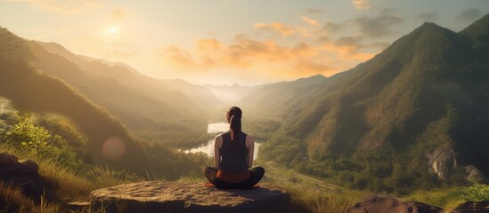 Woman meditating yoga alone at sunrise mountains. - obrazy, fototapety, plakaty