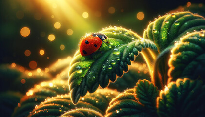 A ladybug exploring the edge of a lush green leaf, on the surface of which drops of water are scattered. Golden Hour lighting creates a warm light that highlights the contrast between the ladybug's br - obrazy, fototapety, plakaty