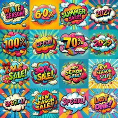Sale stickers pop art style. AI generated illustration