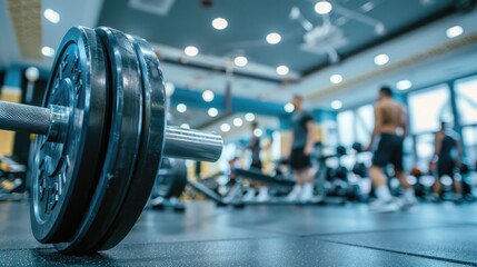 Blurred gym interior background with people making exercise and barbell close up, sport fitness equipment banner.	
 - obrazy, fototapety, plakaty