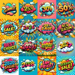 Fototapeta premium Sale stickers pop art style. AI generated illustration