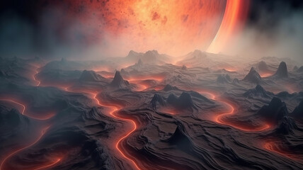 Hot lava flowing on a melting alien planet orbiting close to its sun