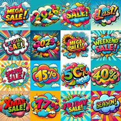 Fototapeta premium Sale stickers pop art style. AI generated illustration