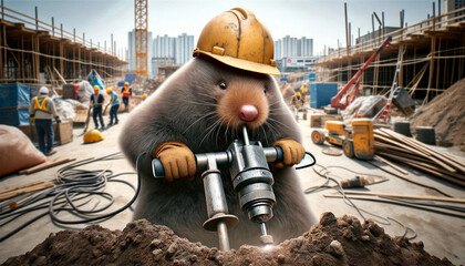 An image of a small mole in a construction helmet, clutching a jackhammer with its paws. A mole stands on a construction site, surrounded by dirt and small construction equipment. - obrazy, fototapety, plakaty