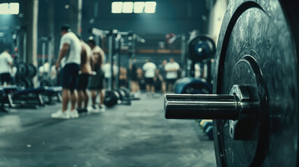 Blurred gym interior background with people making exercise and barbell close up, sport fitness equipment banner.	
 - obrazy, fototapety, plakaty