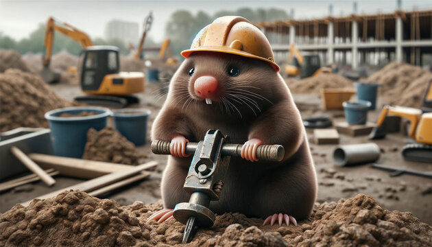 An image of a small mole in a construction helmet, clutching a jackhammer with its paws. A mole stands on a construction site, surrounded by dirt and small construction equipment.