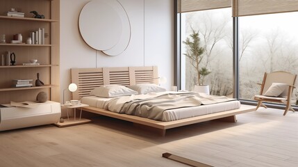 Japandi-style kids bedroom with low modern bed frame functional furniture and sleek design lines.