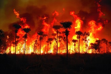 Fototapeta na wymiar Forest with multiple trees ablaze, fire spreading rapidly