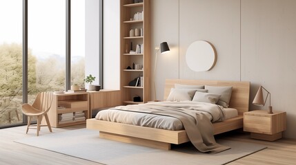 Obraz premium Japandi-style kids bedroom with low modern bed frame functional furniture and sleek design lines.