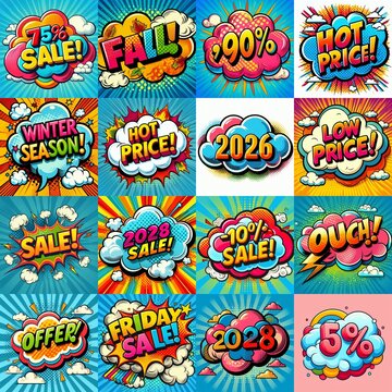 Sale stickers pop art style. AI generated illustration