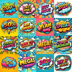 Fototapeta premium Sale stickers pop art style. AI generated illustration