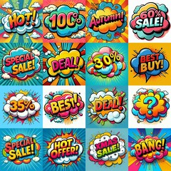 Sale stickers pop art style. AI generated illustration