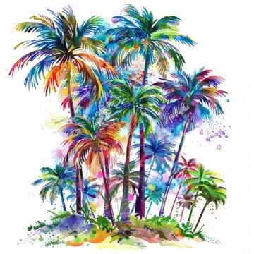 A painting depicting a cluster of tall palm trees swaying in the wind under a clear blue sky, against a sandy beach backdrop