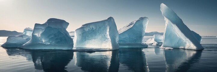 Ice chunks breaking off from icebergs in warmer waters - obrazy, fototapety, plakaty