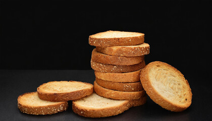 Round bread rusks pile whole wheat toast slices. Black background.