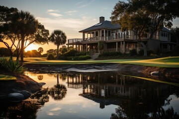 Colonial architecture in golf field at dusk., generative IA