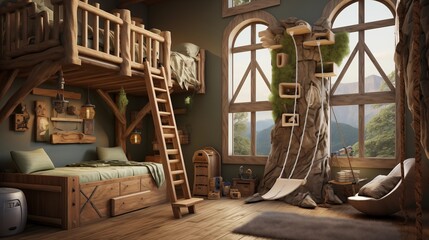 Kids' fort-inspired bedroom with indoor treehouse loft swing rope bridge access and climbing wall.