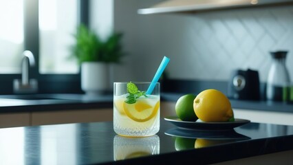 Delicious lemon cocktail in glasses. Fresh citrus and mint lemonade in a glass on a white table at home, summer drink, alcoholic drink in a glass at home.