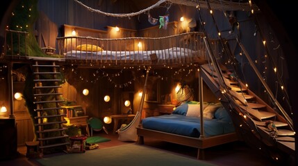 Kids' ultimate dream treehouse bedroom with indoor fort climbing net secret hiding nooks and twinkling lights. - obrazy, fototapety, plakaty