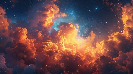 Fototapeta na wymiar Fantasy sky filled with fluffy, glowing clouds under stars, creating otherworldly atmosphere