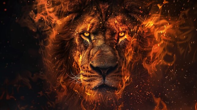 portrait of lion in fire with black background, isolated on dark, closeup of fierce and powerful wild animal, majestic predator with fiery flames, dramatic and intense scene