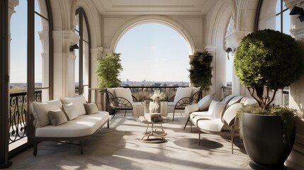 Fototapeta premium Lavish Beaux Arts penthouse terrace with arched French doors stone balustrades and wrought iron bistro seating areas.