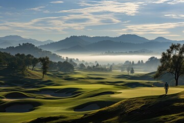 Golf player analyzes sunny land., generative IA