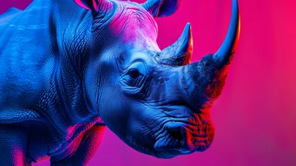 Keuken spatwand met foto Close up majestic rhinoceros, set against a vibrant neon background © AlfaSmart