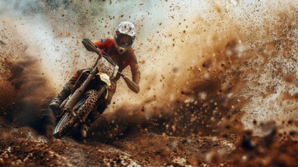 Motocross close-up, racer driving along a dirt road at high speed - obrazy, fototapety, plakaty