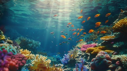 Fototapeta na wymiar A vibrant coral reef teeming with life beneath the crystalclear ocean waves, colorful fish darting between the corals, a hidden world of wonder and mystery just below the surface, HD, 4K