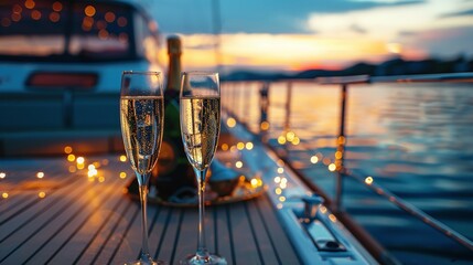 glamorous cruise yacht party with a luxury champagne setting, including glasses and bottle with a festive bokeh background of the yacht
