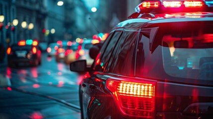 Close-up of a police car's flashing lights illuminating the city streets during a check