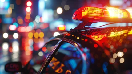 Fotobehang Close-up of a police car's flashing lights illuminating the city streets during a check © AlfaSmart