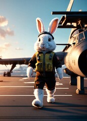  A Cute Fluffy Rabbit Pilot Strolling Through a Military Base .Generative AI