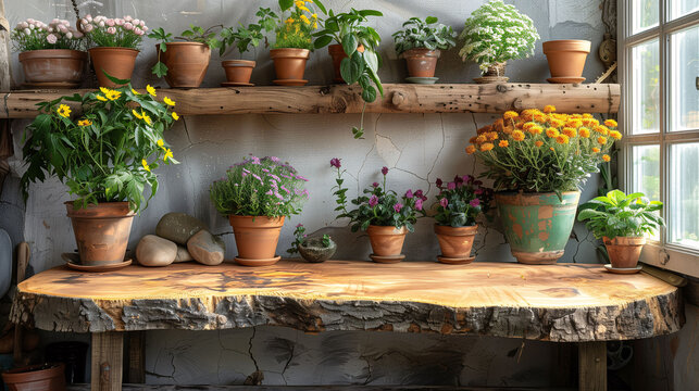 Rustic wooden table and shelves with various potted plants and flowers by a sunlit window.