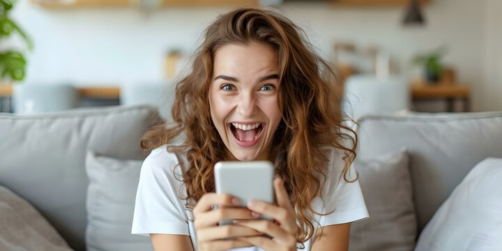 Excited young woman on couch using phone looks happy receiving good news or discount offer. Concept Excited Woman with Phone, Receiving Good News, Discount Offer, Happy Expression, Sitting on Couch