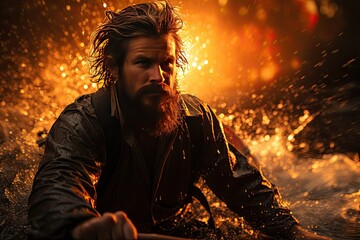 Determined surfer faces waves at dawn., generative IA